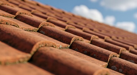 Angled view shows weathered terra cotta roof tiles against a partly cloudy sky, close-up detail