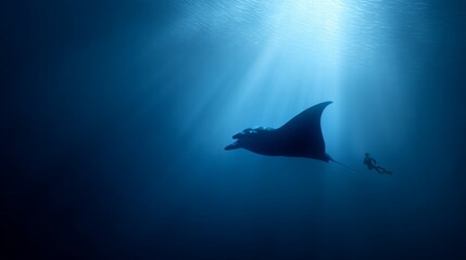 Giant oceanic manta ray gliding gracefully through sunlit, deep blue waters while scuba diver observes vibrant underwater wildlife in a tranquil, serene environment
