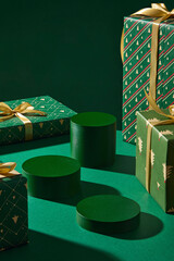 Vertical stack of gift boxes in red and green wrapping. Perfect for Christmas poster, background, or New Year greeting design. Merry Christmas concept © Tuan  Nguyen 