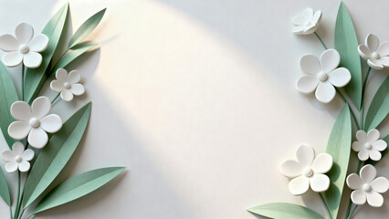 Minimalist and Elegant Floral Background with White 3D Paper Cutout Flowers and Soft Green Leaves Framing a White Surface with Natural Sunlight and Shadows, Providing Copy Space