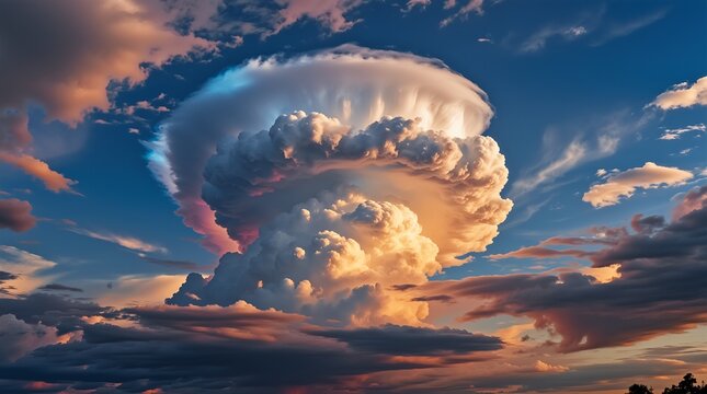 Majestic thunderhead cloud dominating the twilight sky, painted with hues of pink and orange.