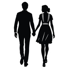 Young couple walking hand in hand silhouette romantic scene