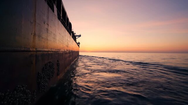 Ship hull gliding at sunset. Calm ocean and sea stretch beside shipping vessel. Rusty hull shows barnacle texture and maritime wear. Image evokes transport logistics and coastal travel. Soft sky glow.
