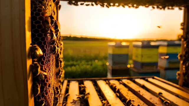 Man beekeeper inspecting honeycomb frame inside a beehive with bees buzzing at sunset. Beekeeping process in apiary footage.