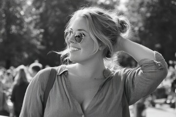 Candid black-and-white portrait of a woman smiling in a sunlit park