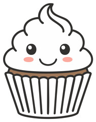 Cute Kawaii Cupcake Character with Swirling Frosting and Happy Face Illustration