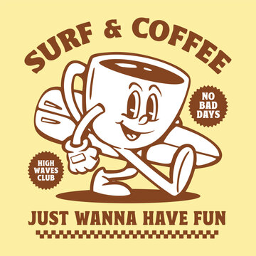 coffee cup and surf mascot illustration