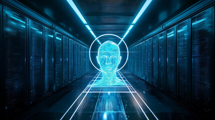 인공지능 기반 미래형 데이터 센터를 표현한 추상적 일러스트-An abstract illustration depicting a futuristic data center powered by artificial intelligence