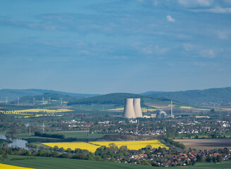 Green landscape and nuclear power plant