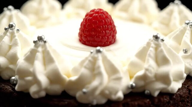 Delicious cake with cream and a raspberry on top for dessert.