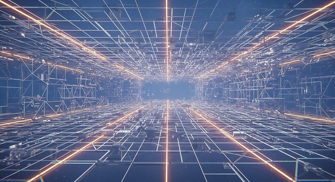 Abstract Digital Tunnel Immersive Grid of Lines and Light in Technological Space