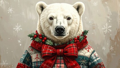 White polar bear wearing a festive holiday sweater holly and a large red plaid bow