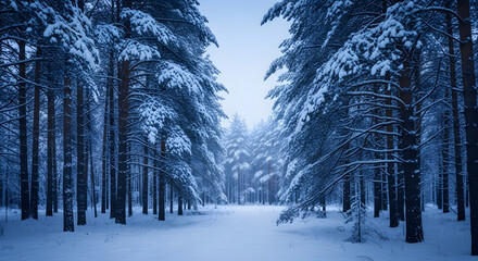 Serene Winter Forest Landscape with Snow Covered Pine Trees.