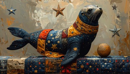 A seal adorned in a vibrant patchwork costume posing with decorative stars and a ball against a textured backdrop