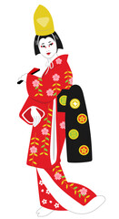 Vector illustration of Hanako from Kyoganoko Musume Dojoji, onnagata Kabuki performer holding a fan in red kimono with cherry blossom pattern