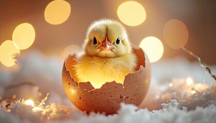 Tiny yellow chick emerges from cracked eggshell surrounded by fluffy snow and warm bokeh lights