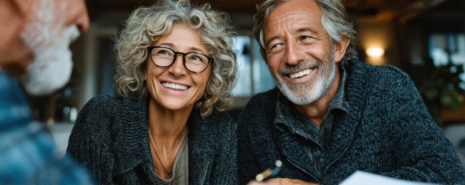 Happy senior couple sharing smiles and enjoying a positive conversation together