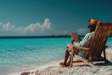 Man relaxing on a beach chair reading by the turquoise sea