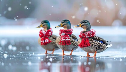 Three mallard ducks wearing red scarves stand on ice during snowfall bird