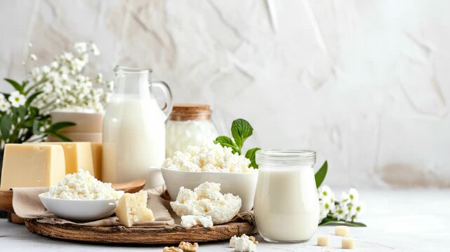 A variety of dairy products including milk, cheese, and cottage cheese arranged on a wooden board with fresh herbs and flowers in the background.