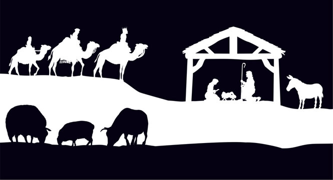 A Christmas nativity scene with baby Jesus in the manger and wise men - Powered by Adobe