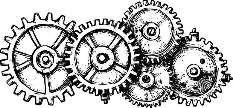 Vintage engraving of gears in a detailed mechanical design. This vector illustration represents industry concepts with fine outlines in a distinct set.