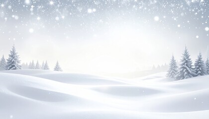 Fototapeta premium Serene winter landscape with snow-covered hills and evergreen trees under a gentle snowfall