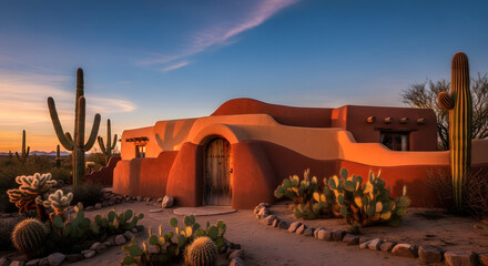 Southwestern Adobe House in Desert Sunset with Cacti.