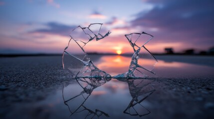 Closeup of shattered glass reflecting vibrant sunset with delicate cracks and soft horizon background highlighting abstract beauty and emotional serenity