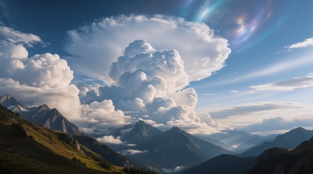 Majestic thunderhead looming over the serene mountain valley, bathed in ethereal light.
