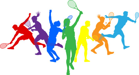 Silhouette Tennis players set. Active sports people healthy players fitness silhouettes concept.