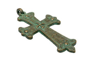 Isolated cross pendant with intricate detail, religious symbol with aged patina finish