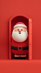 Santa Claus stands beside the poster in front of the red door