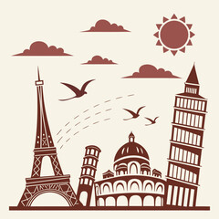 Obraz premium Flat vector poster for travel destination with famous landmark silhouette, sun, clouds, and birds in minimalist retro style.