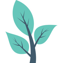 Minimalist Illustration of a Teal Leafy Plant Stem with Dark Blue Trunk and Branches Against a Transparent Background