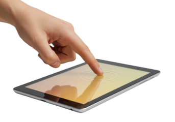 Isolated hand touching modern tablet computer with ripples on screen, simple tech