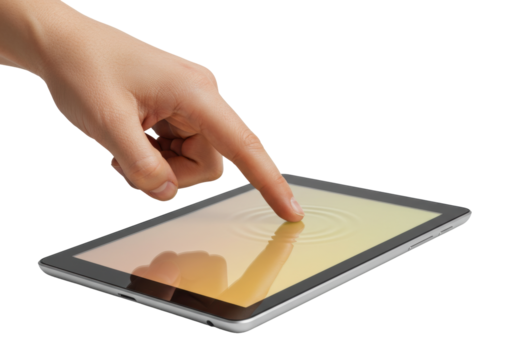 Isolated hand touching modern tablet computer with ripples on screen, simple tech