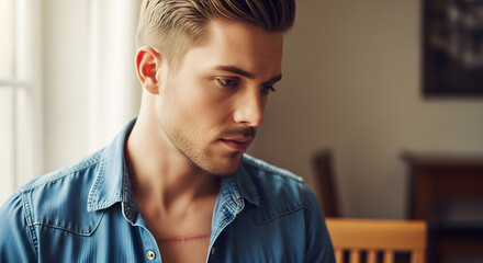 Thoughtful Young Man with Visible Scar in Denim Shirt.