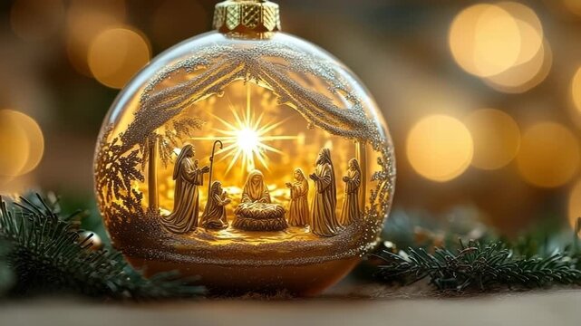 Illuminated golden Christmas ornament with a nativity scene. The ornament features a detailed depiction of the nativity in a serene setting. Copy space.