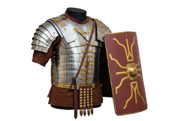 Isolated Roman armor cuirass with brown tunic and scutum shield on mannequin for reenactment