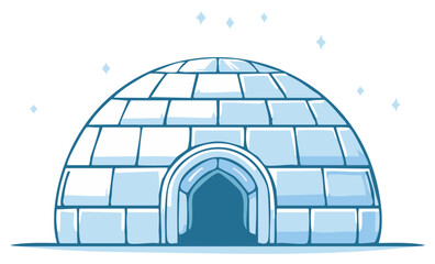 Cartoon illustration of a traditional arctic igloo house built from ice blocks under a sparkling sky
