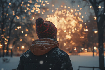 Dreamy Winter Night with a Person Admiring Sparkling Fireworks in Festive Holiday Atmosphere, Generative AI