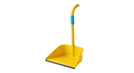 Isolated yellow dustpan with long handle, for cleaning, studio shot. Sanitation equipment