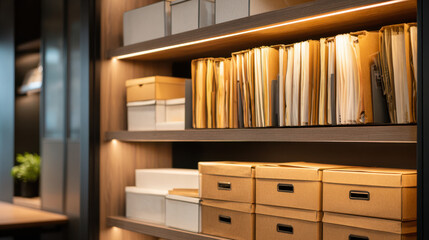 Organizing files and storage boxes on illuminated wooden shelves in a tidy office setting. 