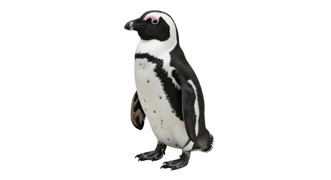 Isolated Penguin stands facing left looking curious, African Penguin or Jackass Penguin