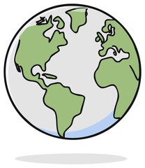 Hand drawn illustration of the planet Earth as a floating globe icon showing the Americas Europe and Africa