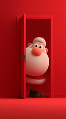 Santa Claus stands beside the poster in front of the red door