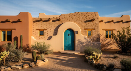 Vibrant Blue Door on Traditional Southwestern Adobe House.