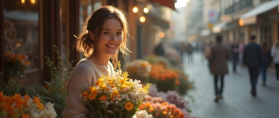 Fototapeta premium A radiant young woman smiles while holding a bright bouquet of flowers on a sunlit city street