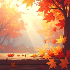Animated autumn scene with falling maple leaves on a wooden surface, bathed in sunlight